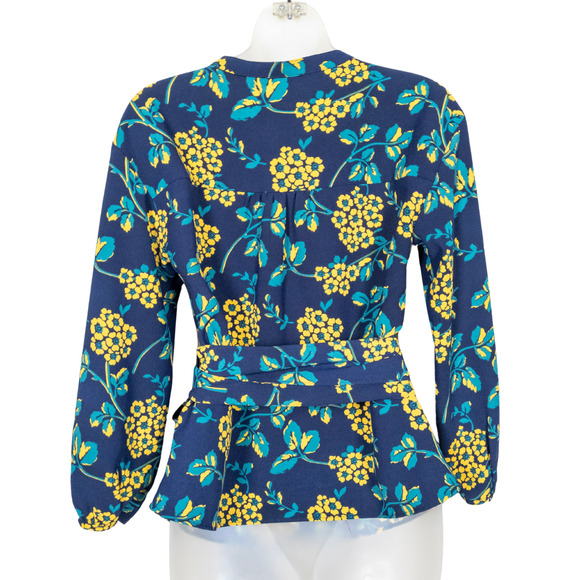 J CREW Navy Yellow Drapey Crepe Floral Wrap Top V-Neck 3/4 Sleeve Women's Small - Picture 6 of 8